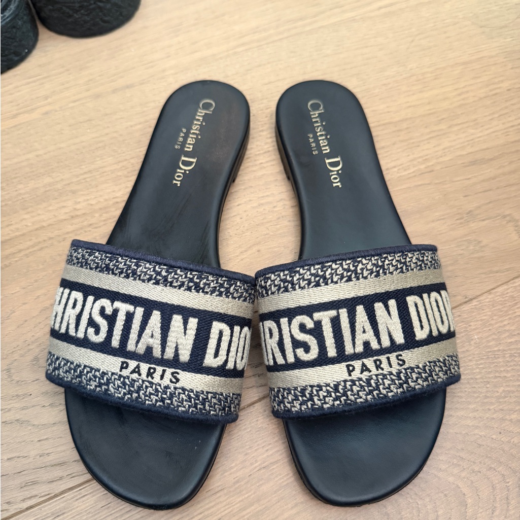 Dior Slide Navy Blue Embroidery Sandals.